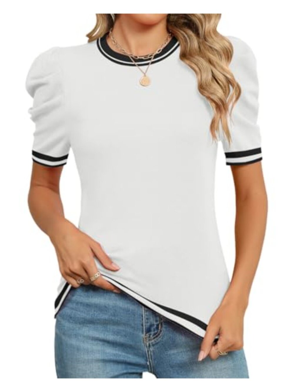 Puff Short Sleeve Sweater Women Trendy Business Casual Knit Crewneck Top